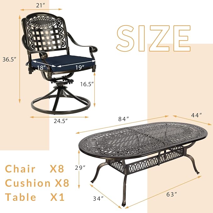 9-Piece Patio Dining Set, Outdoor Patio Table and Chair Set of 84” Oval Cast Aluminum Dining Table with Umbrella Hole, 8 Patio Dining Swivel Chairs Padded, Patio Funiture Set, Navy