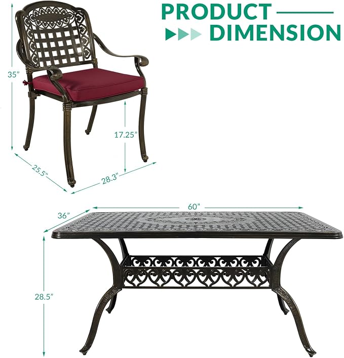 VIVIJASON 7-Piece Patio Furniture Dining Set, All-Weather Cast Aluminum Outdoor Conversation Set, Include 6 Cushioned Chairs and a Rectangle Table with Umbrella Hole for Balcony Backyard, Red Cushion