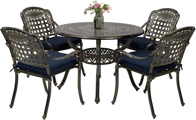 5-Piece Outdoor Patio Dining Set, All-Weather Cast Aluminum Furniture Conversation Set, Include 4 Cushioned Chairs and a 38.5” Round Table with Umbrella Hole for Balcony, Lawn, Navy Blue
