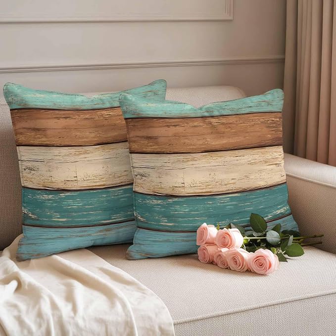 Outdoor Throw Pillows Covers 16X16 Set of 2 Waterproof Teal Turquoise Green Brown Decorative Zippered Cushion Covers for Patio Furniture, Farmhouse Retro Rustic Barn Wood Texture Lumbar Pillowcases