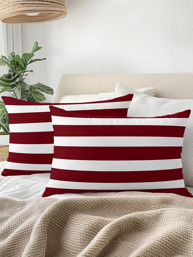 Waterproof Outdoor Pillow Set of 2 Burgundy Red Stripes Decorative Throw Pillows Cover & Insert 20x12 Inch Lumbar Pillowcase Classic Striped Lines Pillows for Couch Sofa Bed Patio Furniture