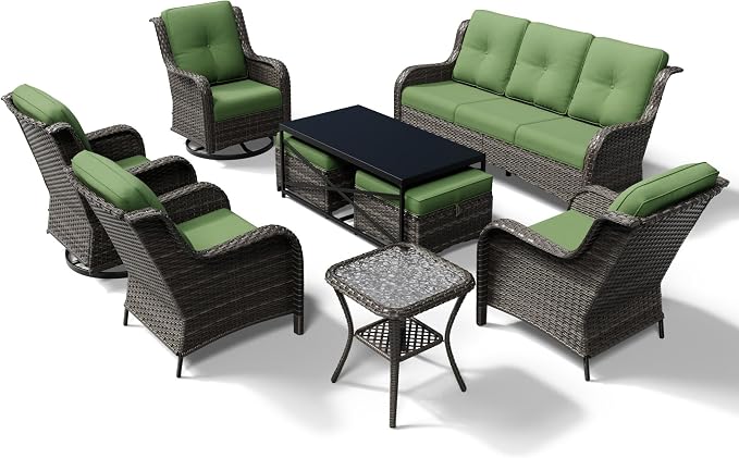 Joyside 9 Piece Wicker Patio Furniture Set, Outdoor Swivel Rocker Patio Chairs with High Back, Deep Seating, Wide Armrest, Thickened Cushions, Outdoor Furniture for Deck, Porch Use