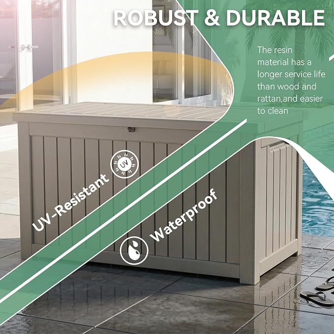Vixzen 280 Gallon Outdoor Storage Box Waterproof, Large Lockable Resin Deck Box with lid for Patio Furniture Cushions, Weatherproof Storage Boxes for Garden Tools & Pool Accessories(Grey, 280 Gallon)