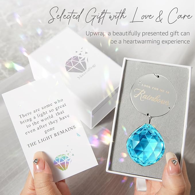 Mooncraftlogy Memorial Gifts for Loss of Loved One, Unique Sympathy Idea, Sky Blue Crystal Ball Grief Suncatcher, Rainbow Bereavement Box for Mom Dad Husband Son Daughter
