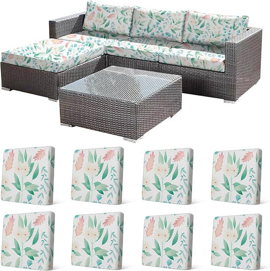 CALBODE 8Pcs Stretch Patio Cushion Cover, Fresh Botanical Printed Couch & Sofa Slipcovers for Patio Furniture Cushions Washable Reusable Couch Covers Replacement for Spring Summer (Cover Only)