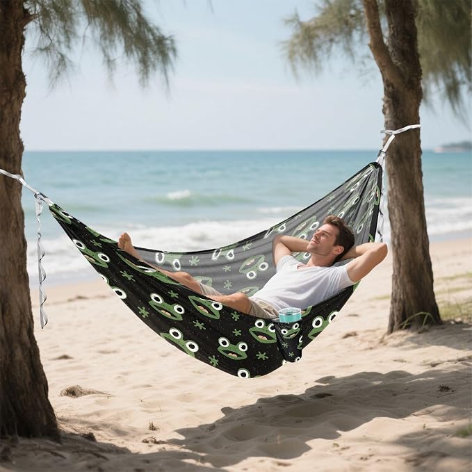 Camping Hammock Outdoor Hammocks for Outside Cute Frog Black Beach Trees Portable Lightweight with Pockets Tree Straps Indoor Small