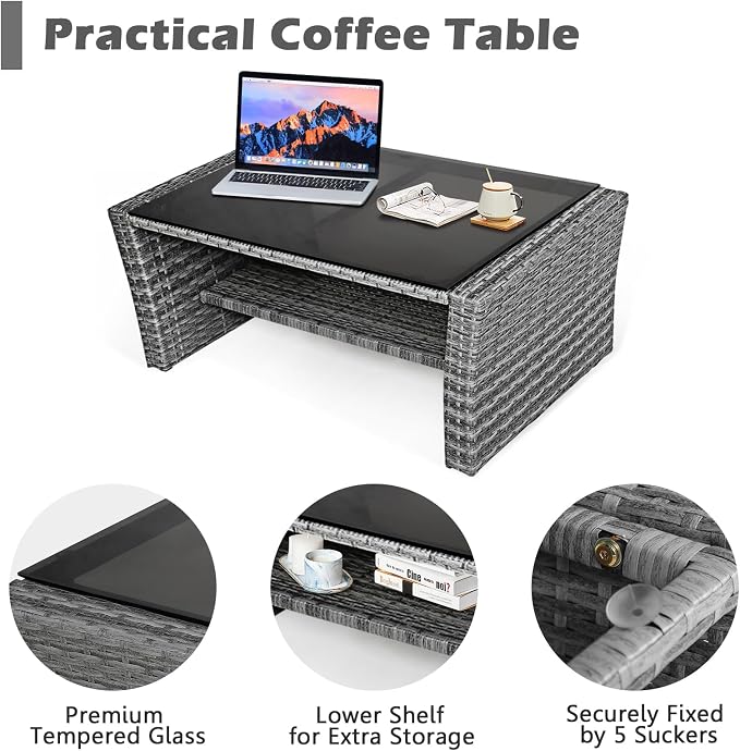 RELAX4LIFE 4-Piece Patio Conversation Seat - Wicker Sofa Set w/Seat & Back Cushions, Coffee Table w/Tempered Glass Tabletop, Outdoor Rattan Sofa Set for Backyard, Porch (Grey)