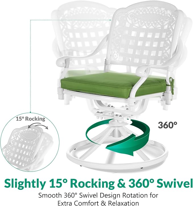 VIVIJASON 5-Piece Outdoor Patio Dining Set, All-Weather Cast Aluminum Conversation Set, Patio Furniture Set for Backyard, Include 4 Swivel Rocker Chairs, a 35.4" Round Table w/Umbrella Hole, White