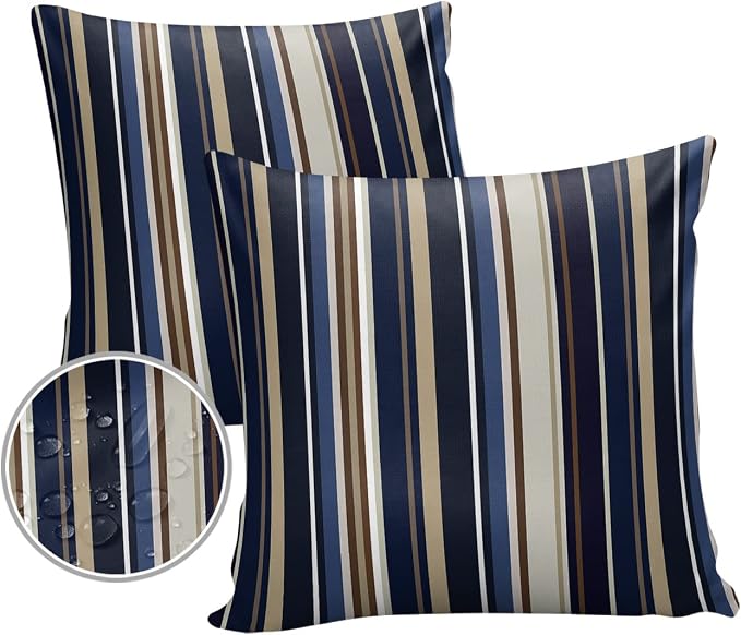Outdoor Waterproof Pillow Covers for Patio Simple Stripe Decorative Throw Pillow Cover Blue And Brown Geometric Pattern Pillowcases Set of 2 Cushion Case for Sofa Couch Chair Home Decor 16x16 inch
