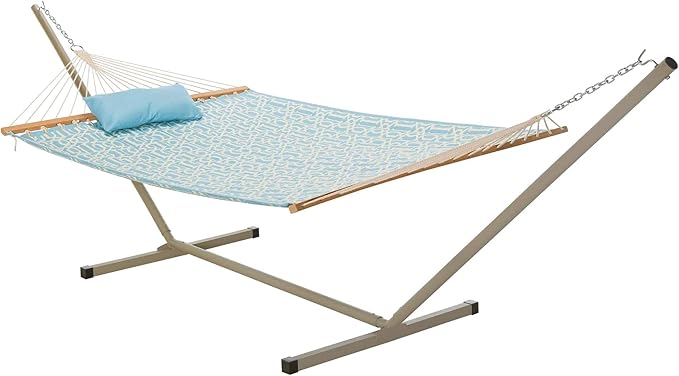 Castaway Living Large 2-Person Quilted Hammock with Stand & Pillow – Light Blue, 10 ft. L x 52 in. W, 350 lb Capacity, Weather-Resistant Polyester, Portable Space-Saving Frame