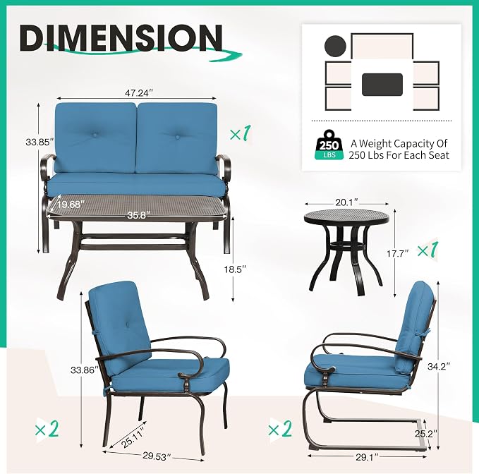 Incbruce 7 Piece Wrought Iron Patio Furniture Set Metal Outdoor Conversation Sets (Loveseat, Coffee Table and Bistro Table, 2 Spring Chair, 2 Dining Chairs) with Cushion (Peacock Blue)