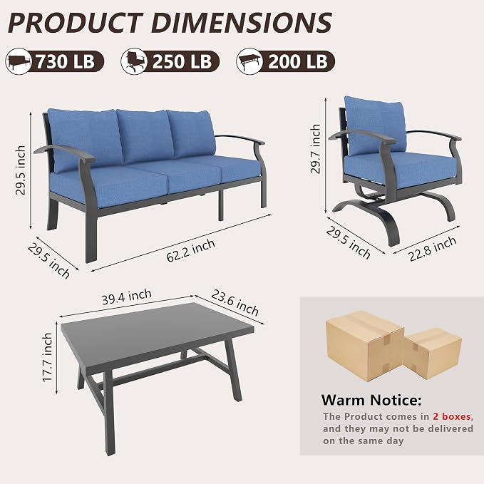 Metal Patio Furniture Set,4 Pieces 5 Seats Patio Sectional Outdoor Furniture Set with Rectangular Coffee Table,Patio Conversation Sets with 5.1" Thickened Cushions,Navy BlueNavy Blue