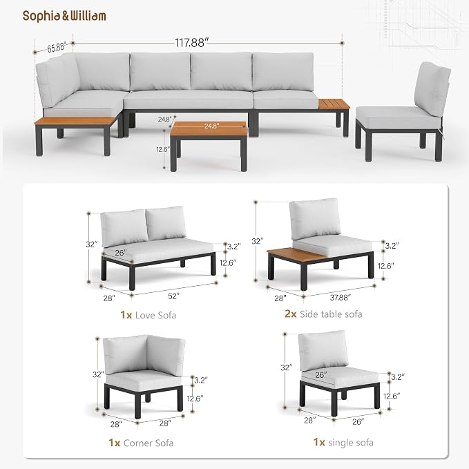 Sophia & William 6 Pieces Patio Furniture Set with Cushion, Metal Outdoor Sectional Sofa, Patio Conversation Sets with Wood Side Table, Modular Outdoor Seating Furniture for Backyard Deck Front Porch