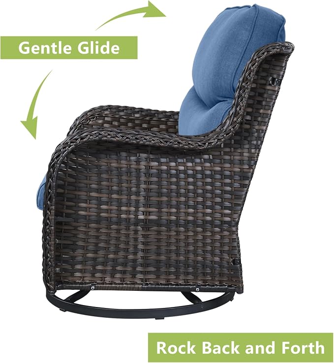 Rilyson Wicker Rocking Chair Swivel Chairs - 3 Piece Rocker Patio Furniture Set Rattan Rocking Bistro Sets with Glass Top Side Table for Outdoor Porch Deck Garden Backyard (Brown/Blue/Smile)