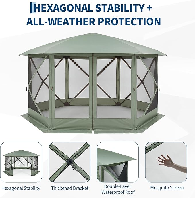 GarveeHome 13x13FT Pop Up Gazebo Screen Tent, 6-Sided Canopy with Starry Sky Top, 210D Oxford Water-Proof Instant Shelter with Mosquito Netting for Backyard Camping, Green & Gray