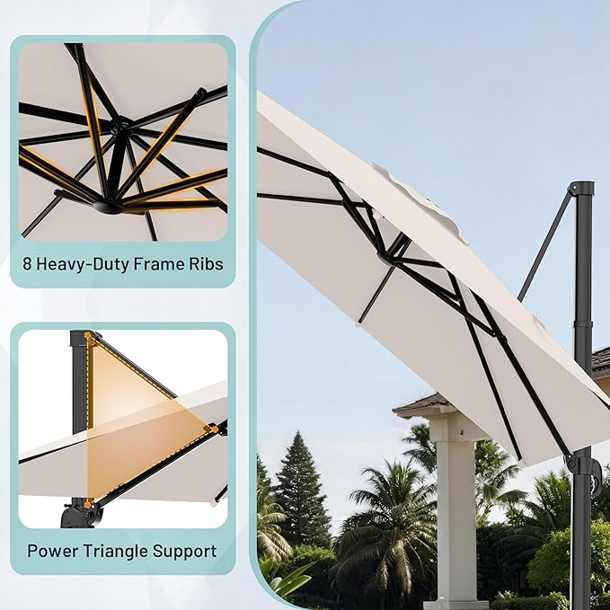 AreShark 8 X 8 FT Cantilever Patio Umbrella, 360-Degree Rotation Round Hanging Offset Umbrella with Crank, Heavy Duty Patio Umbrella for Patio, Pool, Garden, Deck, Cream White