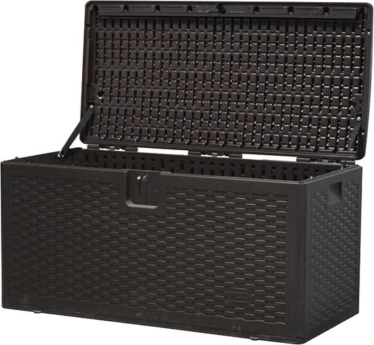 BTEXPERT 99 Gallon Resin Deck Box, Outdoor Storage Container for Patio Furniture Garden Tools Cushions Waterproof Lockable Metal Support Rods UV Resistant