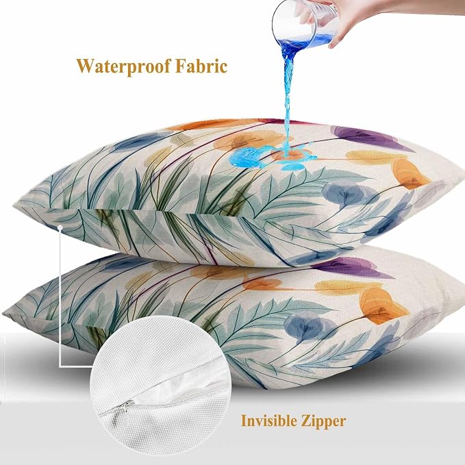 Spring Outdoor Waterproof Throw Pillow Covers Set of 2, 20"x20", Floral Cartoon Multicolor Tulips Leaf Retro Decorative Pillow Covers Outside Cushion Case for Patio Porch Garden