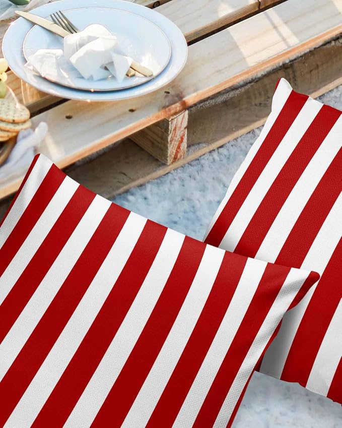 Outdoor Waterproof Throw Pillow Covers 18x18in, Red Stripes Cushions for Garden Patio Furniture Chairs Set of 2, Geometric Christmas Home Decor Couch Sofa Polyester Pillow Cases