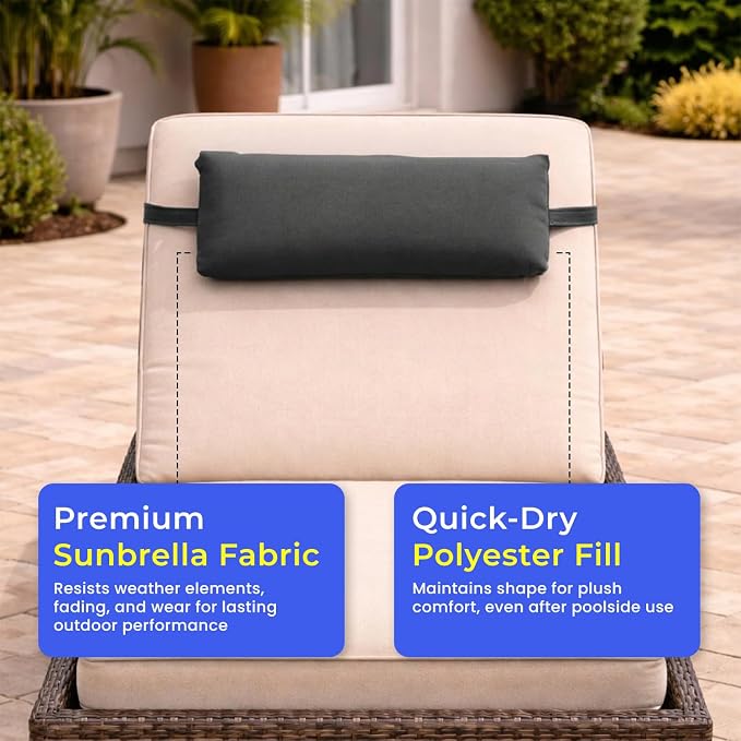 Sunbrella Headrest/Lumbar Pillow with Velcro Strap for Lounge, Charcoal | Outdoor Pillow for Chaise Loungers, Pool Chairs & Patio Furniture, 18" x 8" x 3"
