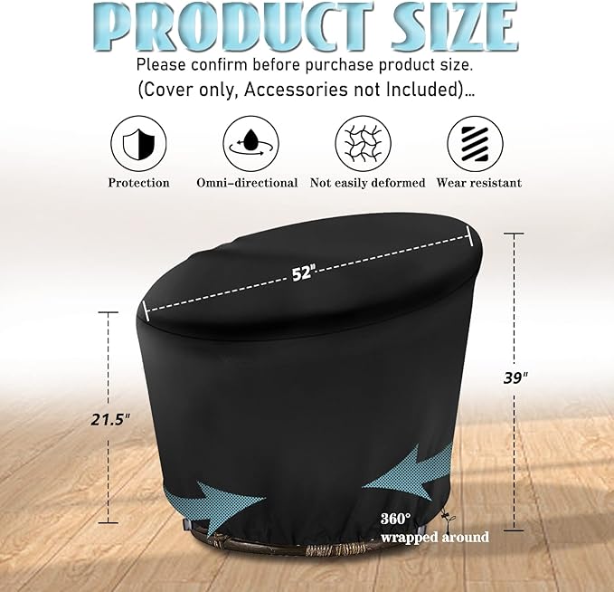 Papasan Chair Cover Waterproof,(for 52in Outdoor Papasan Chairs Black) Zipper Design, Easy to Put On and Take Off, Dust Resistant Patio Furniture Seat Covers