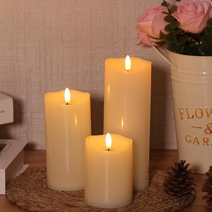 Outdoor Flameless Candles with Remote Timer - Waterproof Realistic Flickering LED Pillar Electric Battery Operated Fake Candle for Holiday Home Wedding Fireplace Decor - Ivory White 3 Pack (4”6”8”)