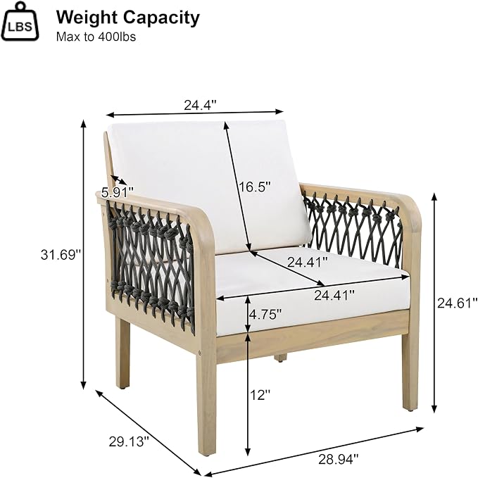 VilroCaz 4-Piece Acacia Wood Outdoor Patio Furniture Set with Loveseat, 2 Club Chair& Coffee Table, All-Weather Conversation Sofa Set with Rope Woven Armrests, Removable Cushions (Light Teak-N5)