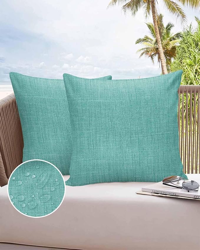 Vandarllin Outdoor Throw Pillows Covers 24x24 inch Set of 2 Waterproof Turquoise Linen Decorative Zippered Cushion Covers for Patio Furniture, Farmhouse Pure Color Lumbar Pillowcases