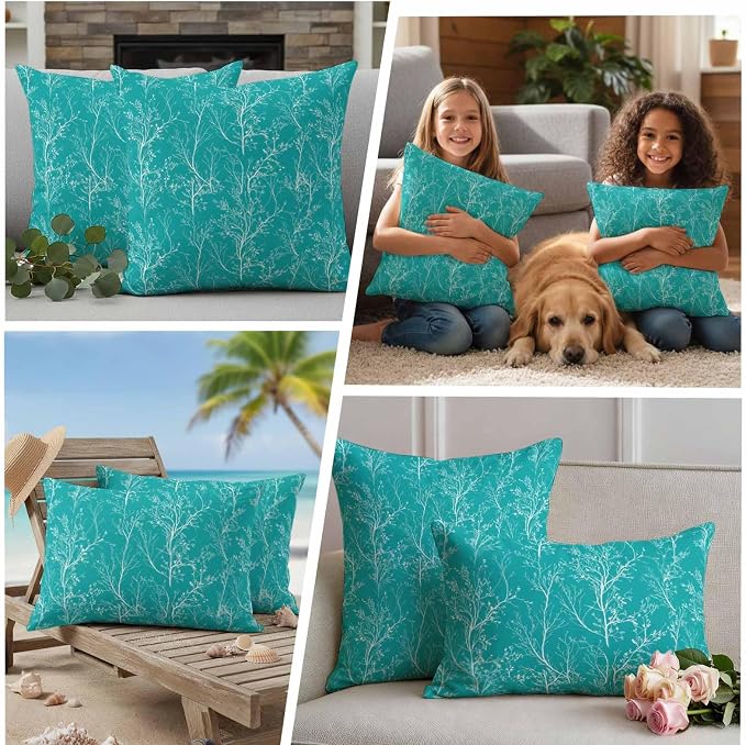 Turquoise Branches Waterproof Outdoor Pillow Covers Set of 2 Home Decor, Abstract Art Leaves Plant Pillowcase Patio Pillow Covers for Couch Bench Patio Furniture Garden 16x16in