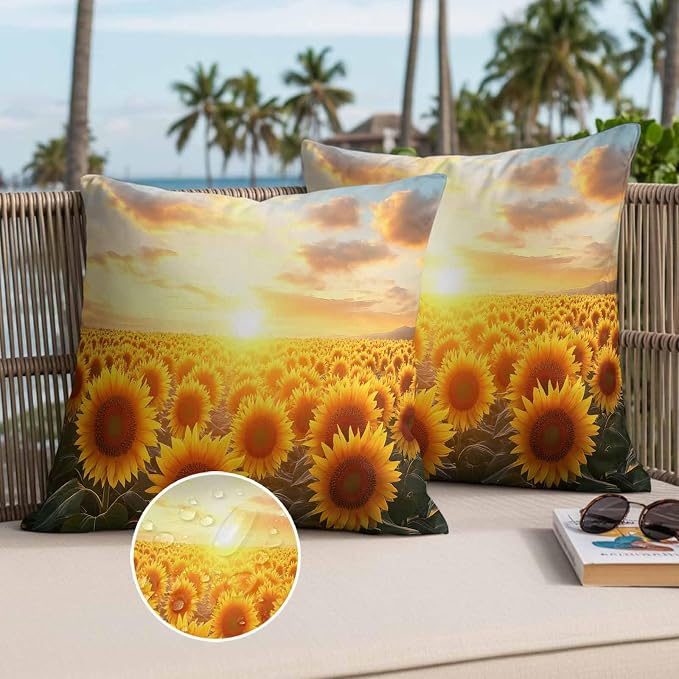 Sunflower Floral Waterproof Outdoor Pillow Covers Set of 2 Home Decor, Summer Pastoral Botanical Flowers Pillowcase Patio Pillow Covers for Couch Bench Furniture Garden 16x16in