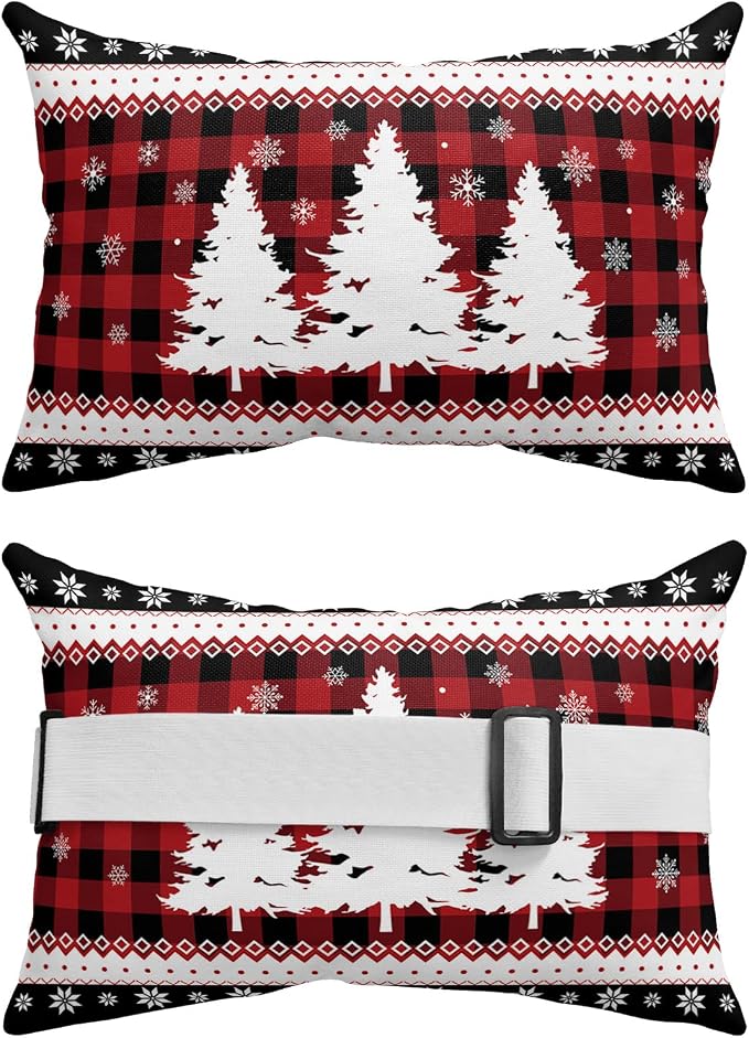 Outdoor Pillows Covers with Inserts Christmas Tree Snowflake Red Black Buffalo Plaid Waterproof Pillow with Adjustable Strap Throw Pillows for Patio Furniture Recliner Lounge Chair, 11x16 inch, 1PCS