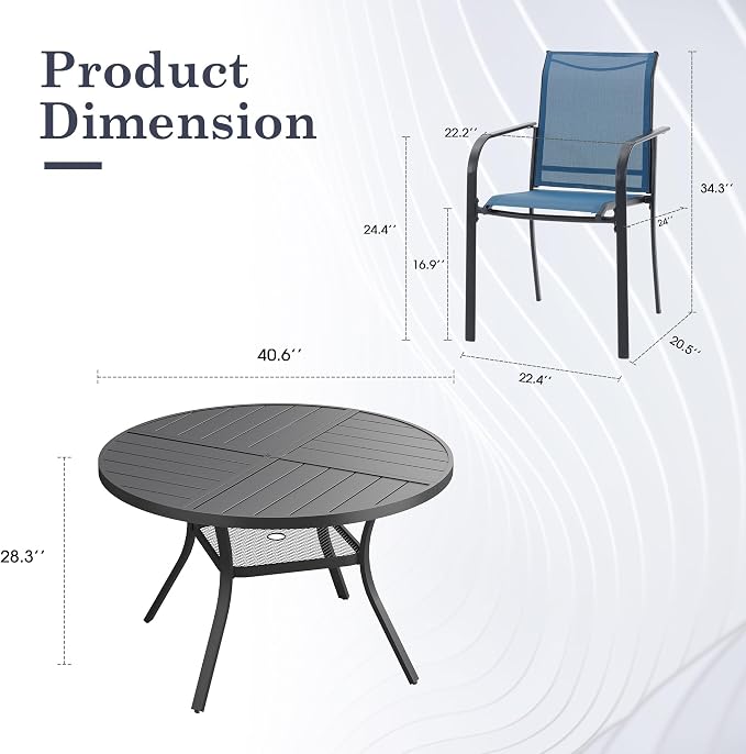 5 Pieces Outdoor Dining Set, Stackable Textilene Paito Chairs & 40.5" Round Dining Table with Umbrella Hole and Shelf, Patio Dining Set for Backyard, Deck, Garden, Dark Blue & Black