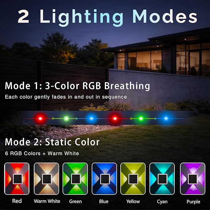 Solar Fence Lights 2 Pack – RGB & Warm White Color Changing, 4-Sided Decorative Accent Lights for Outdoor Fence, Patio, Garden – Soft Glow, All-Night Battery, IP65 Waterproof