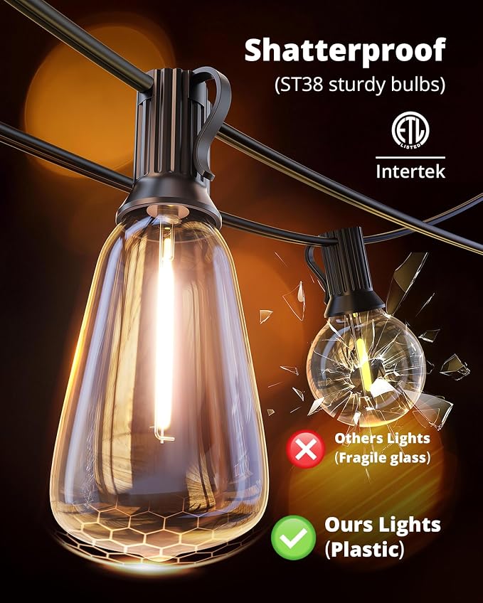 VIPAR Outdoor String Lights, 30FT LED Patio Lights Waterproof 14 ST38 Bulbs | Shatterproof,Edison Outside Lights,Plug-In,2700K Dimmable, Connectable, Hanging Light for Porch Garden Backyard Deck Balcony