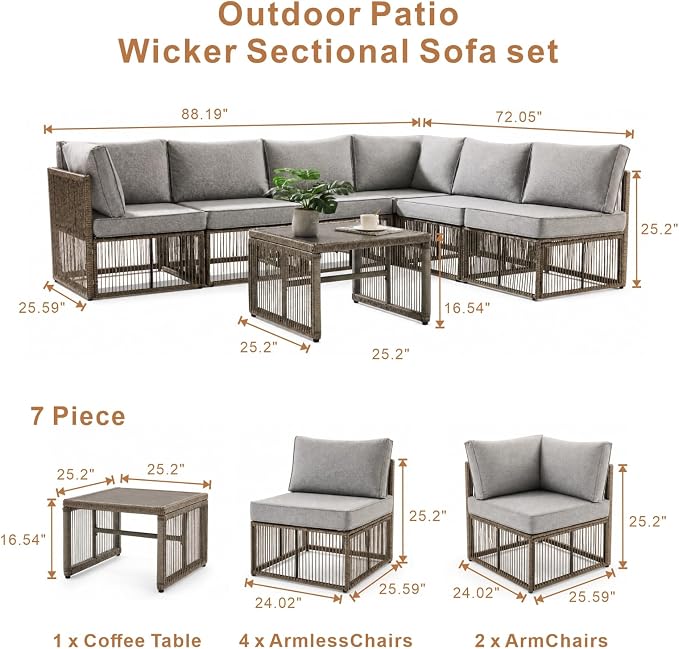 7 Piece Outdoor Patio Furniture Set, Wicker Sectional Sofa,Thick Cushions, All Weather Rattan Conversation Sets with Arm Chairs and Coffee Table for Backyard, Porch, Balcony, Deck, Garden