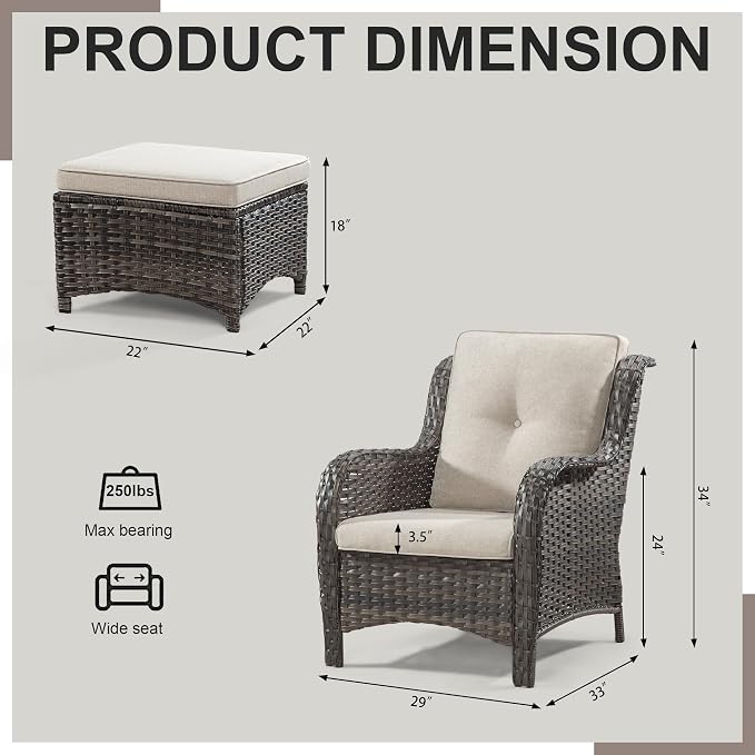 4 Pieces Outdoor Patio Furniture Set Wicker Chairs Set of 2 with Two Ottomans for Backyard, Porch, Balcony(Mixed Grey/Beige)
