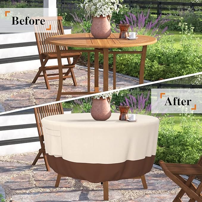 Patio Furniture Covers, Heavy Duty Round Patio Table Cover (72D x 28H Inch) Outdoor Dining & Coffee Table Cover for Veranda, Lawn, Table, Chair-Waterproof & Weather Resistant, Anti UV - Beige & Brown