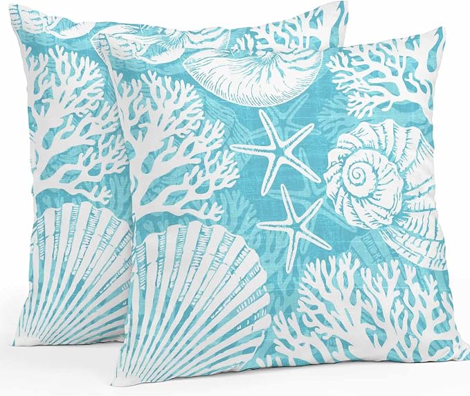 Outdoor Pillow Covers 24x24 Inch Set of 2, Teal Starfish Coastal Waterproof Throw Pillow Covers, Summer Coral Shell Beach Nautical Decorative Cushion Pillowcases for Couch, Sofa, Bed, Garden, Patio