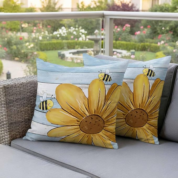 Daisy Flower Honeybees Outdoor Pillow Covers Set of 2 Yellow Farmhouse Floral Blue Wood Grain Waterproof Throw Pillow Cover Decorative Cushion Cases for Patio Porch Garden 18X18 Inch