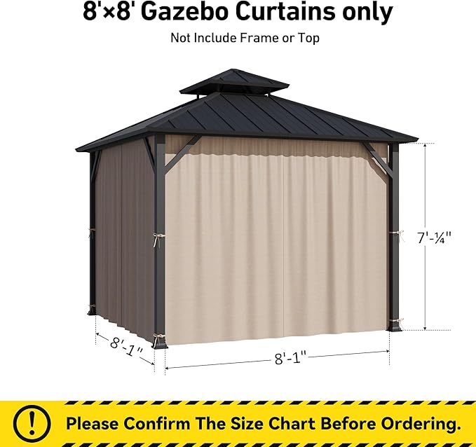 Covered Outdoor Gazebo Curtain Replacement Universal 4-Panel Sidewalls 8' x 8', Outdoor Gazebo Privacy Curtains with Zipper, Replacement for Outdoor, Patio Canopy, Garden and Backyard (Curtain Only)