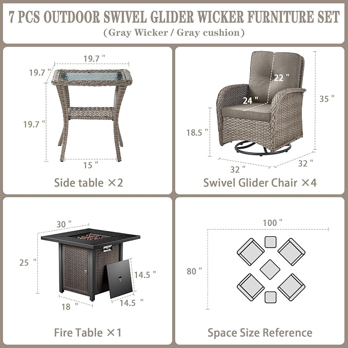 Belord 7 Piece Wicker Patio Furniture Set with 30" Fire Pit Table - Outdoor Swivel Rocker Chairs Set of 4 with Glass Side Tables Set of 2, Patio Conversation Set for Casual Gathering Gray/Gray