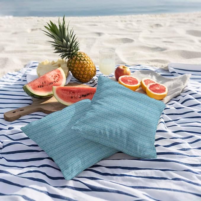 Outdoor Waterproof Throw Pillow Covers Set of 2 Teal Stripes Grain Pillowcases 24x24 Inches Solid Color Decorative Pillows Cushion Case Patio Pillows for Couch Bed Chair Garden