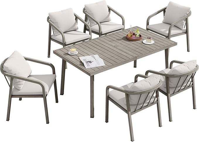 7-Piece Patio Dining Set, Never-Rust Aluminum Outdoor Dining Set for 6, Patio Table and Chairs Set with Washable Cushions, Outdoor Furniture Set for Courtyard, Deck, Commercial, Gray Oak