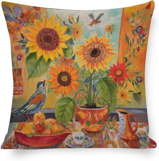 Decorative Pillows for Bed Colorful Painting of Sunflowers Pillowcases 18"x18" Butterfly Sunflower Linen Pillow Cover Decor for Sofa CouchThrow Pillow Covers Decorative Outdoor Linen Pillow Covers