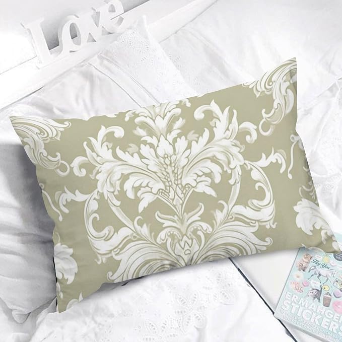 Tan White Taupe Beige Damask Lumbar Pillow Cover Cushion Cases 16x26in Classic Accent Outdoor Garden Decoration for for Sofa Living Room Bedroom Decor