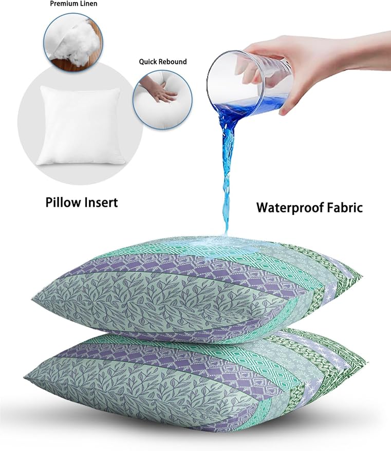 Waterproof Outdoor Pillow Set of 2 Turquoise Bohemian Decorative Throw Pillows Cover & Insert 20x12 Inch Lumbar Pillowcase Boho Style Floral Leaves Geometric Pillows for Couch Sofa Bed Patio Furniture