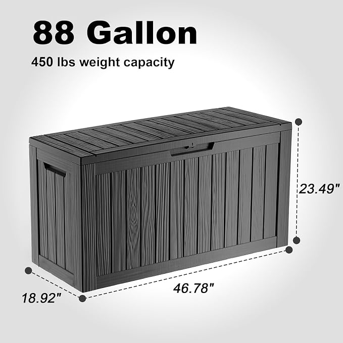 ROJIK Outdoor Storage Housing Deck Box - Waterproof Patio Furniture, Garden Tools, Cushions, Pool Accessories Storage Bench with Lockable Lid and Side Handles (Black 88 Gal)