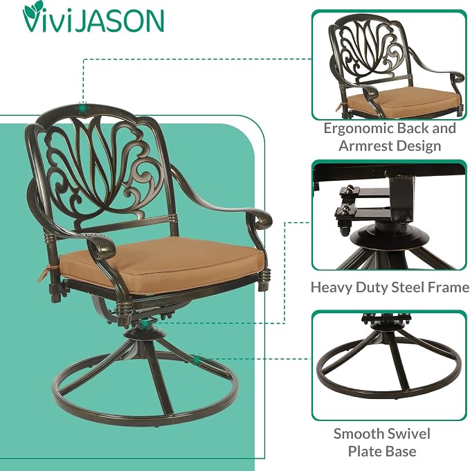 VIVIJASON 9-Piece Outdoor Furniture Dining Set, Cast Aluminum Patio Table and Chairs Set with 6 Stationary Chairs, 2 Swivel Rocker Chairs, 64" Large Square Dining Table, Umbrella Hole, Khaki