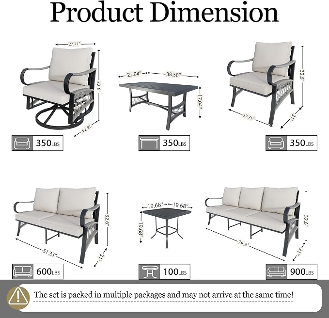 12 Pieces Patio Conversation Sets, All-Weather Metal Swivel Rocking Chairs with Rope Furniture Set, Outdoor Sofa Couch for Deck, Porch, Garden, Backyard, Poolside (Beige Cushions)