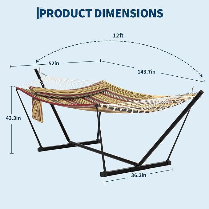 Double Hammock with Stand and Pillow – Heavy Duty Outdoor, Supports 450 Lbs, Balance Rope Included, for Backyard, Patio, and Camping, Red-Yellow Stripe